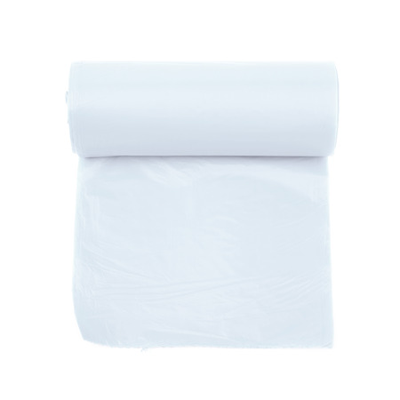 White plastic polyethylene trash bag roll isolated over the white backgroundの写真素材