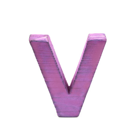 Single sawn wooden letter V symbol coated with paint isolated over the white backgroundの写真素材