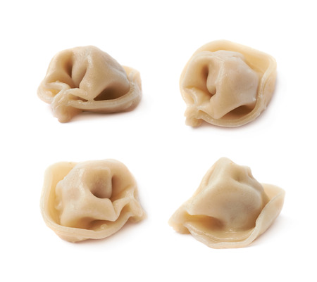 Single cooked dumpling isolated over the white background, set of four different foreshorteningsの写真素材