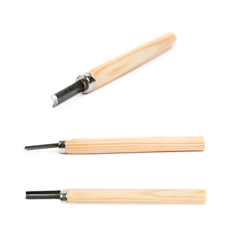 Hand carving wood chisel tools isolated over the white background, set of three different...