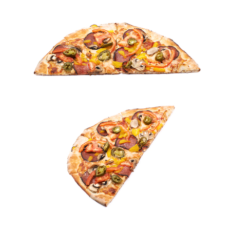 Half of a mexican pizza isolated over the white background, set of two different foreshorteningsの写真素材