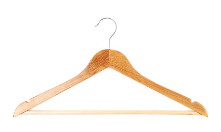 Single white wooden hanger isolatedの写真素材