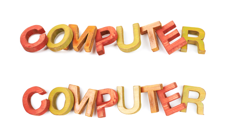 Word Computer made of colored with paint wooden letters, composition isolated over the white background, set of two different foreshorteningsの写真素材