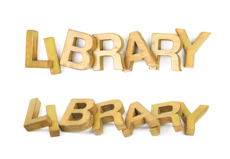 Word Library made of colored with paint wooden letters, composition isolated over the white background, set of two different foreshorteningsの写真素材