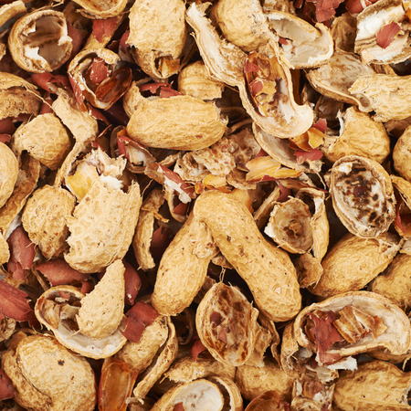 Close-up crop of a surface coated with the peanut shells as a food backdrop composition