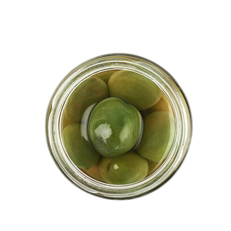 Jar of green olives isolatedの写真素材