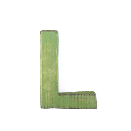 Single sawn wooden letter L symbol coated with paint isolated over the white backgroundの写真素材