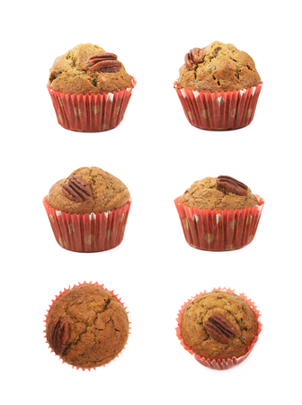Single pecan nut muffin isolated over the white background, set of six different foreshorteningsの写真素材