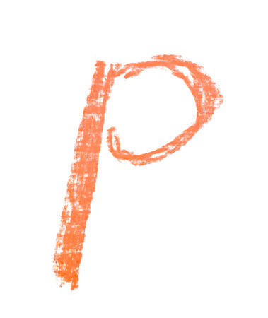Single hand drawn with the chalk P letter isolated over the white backgroundの写真素材