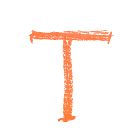 Single hand drawn with the chalk T letter isolated over the white backgroundの写真素材