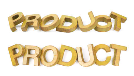 Word Product made of colored with paint wooden letters, composition isolated over the white background, set of two different foreshorteningsの写真素材