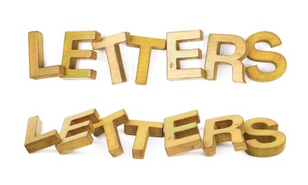 Word Letters made of colored with paint wooden letters, composition isolated over the white background, set of two different foreshorteningsの写真素材