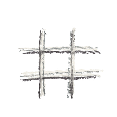 Hand drawn with colorful chalks hashtag symbol isolated over the white backgroundの写真素材