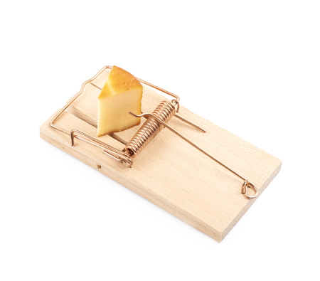 Wooden mousetrap with a piece of cheese inside, composition isolated over the white backgroundの写真素材