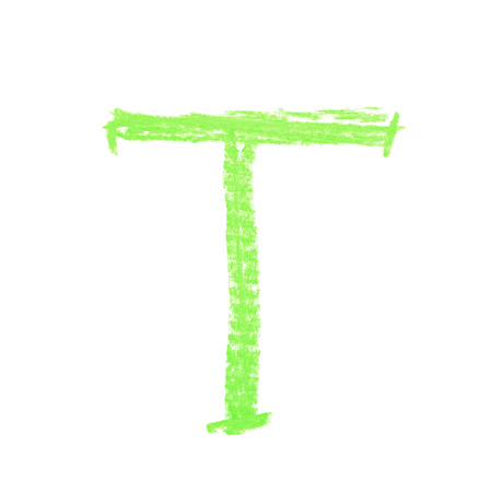Single hand drawn with the chalk T letter isolated over the white backgroundの写真素材