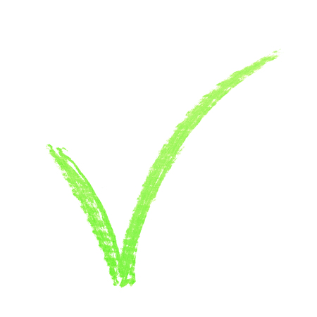 Hand drawn with a colorfulchalk yes tick mark sign isolated over the white backgroundの写真素材