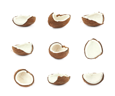Single piece of a coconut isolated over the white background, set of nine different foreshorteningsの写真素材
