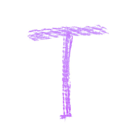 Single hand drawn with the chalk T letter isolated over the white backgroundの写真素材