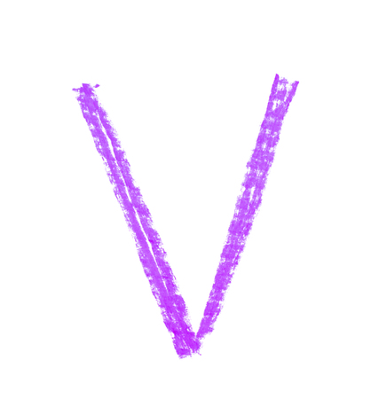 Single hand drawn with the chalk V letter isolated over the white backgroundの写真素材