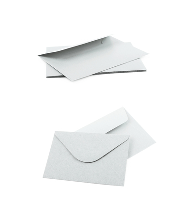 Pile of paper envelopes isolated over the white background, set of two different foreshortenings