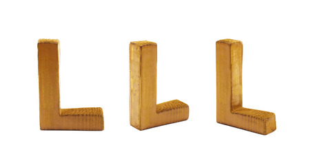 Single sawn wooden L letter symbol in different angles and foreshortenings isolated over the white backgroundの写真素材