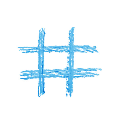 Hand drawn with colorful chalks hashtag symbol isolated over the white backgroundの写真素材