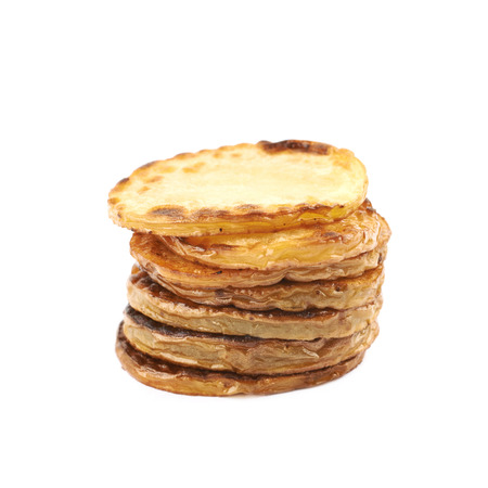 Fried potato slice composition isolated over the white backgroundの写真素材