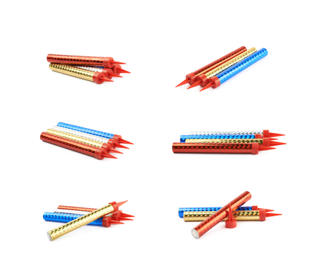 Pile of sparkler candles isolated over the white background, set of six different foreshorteningsの写真素材