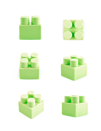 Single plastic toy construction block brick isolated the white background, set of six different foreshorteningsの写真素材