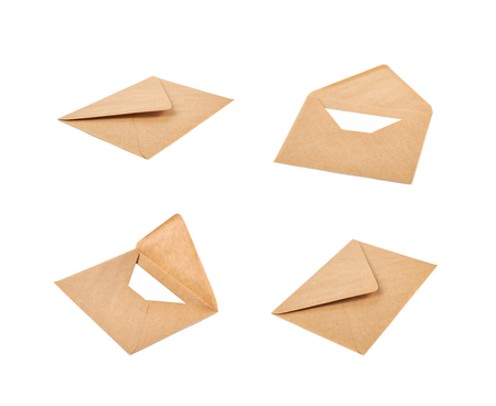 Closed and opened paper envelope isolated over the white background, each in two different foreshorteningsの写真素材