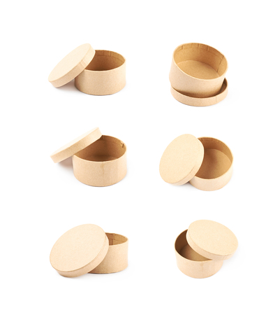 Paper round gift box isolated over the white background, set of six different foreshorteningsの写真素材