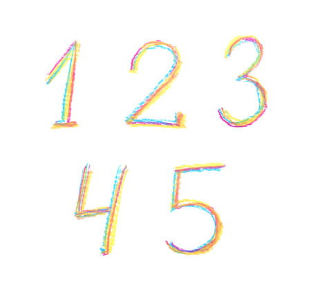 Hand drawn with the colorful chalks set of numbers isolated over the white backgroundの写真素材