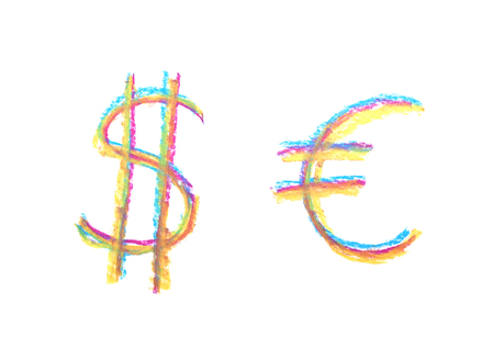 Hand drawn with a colorful chalk dollar and euro currency symbols isolated over the white backgroundの写真素材