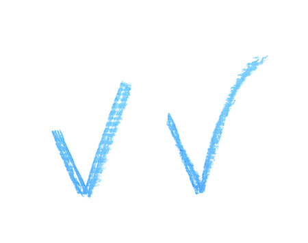 Hand drawn with a colorful chalk yes tick mark sign isolated over the white background, set of two different foreshorteningsの写真素材