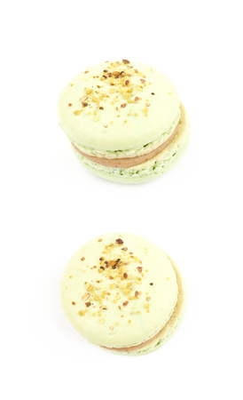 Sweet macaroon confection isolated over the white background, set of two different foreshorteningsの写真素材