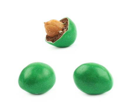 Glazed chocolate nut candy isolated over the white background, set of three different foreshorteningsの写真素材