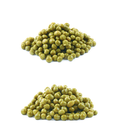 Pile of green peas isolated over the white background, set of two different compositionsの写真素材