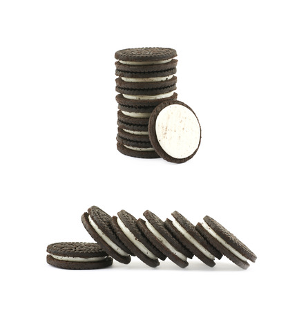 Chocolate wafer cookie with vanila filling in between, composition isolated over the white background, set of two different foreshorteningsの写真素材