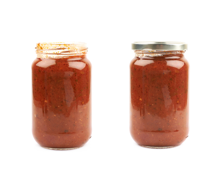 Jar of marinara tomato sauce isolatedの写真素材