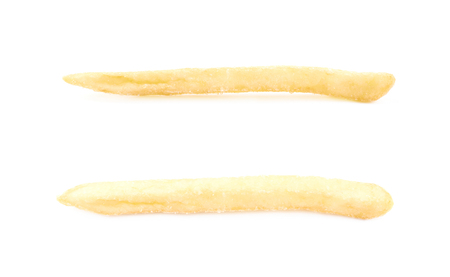 Single french fry isolated over the white background, set of two different foreshorteningsの写真素材