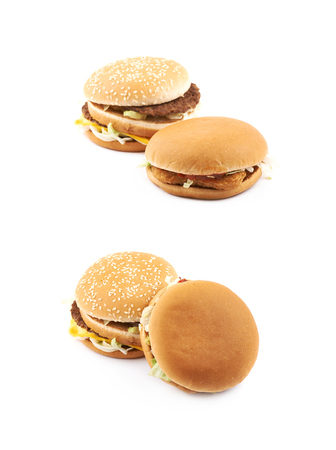 Generic burger composition isolated over the white background, set of two different foreshorteningsの写真素材