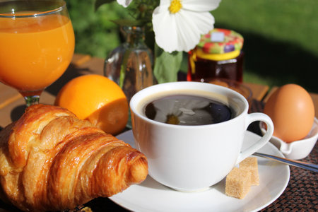breakfast, coffee, croissantの写真素材
