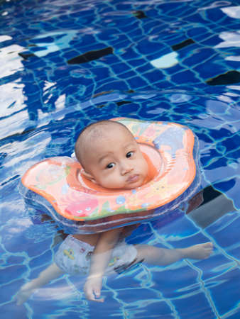 little boy in the swimming pool in hot day