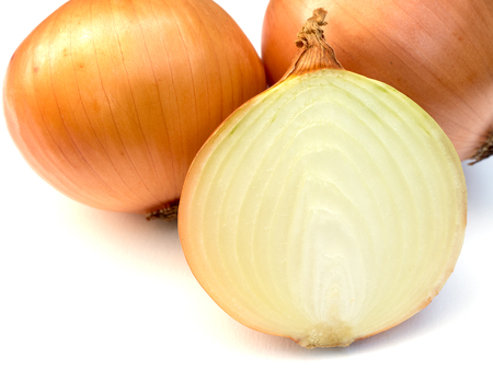 Fresh onion bulbs isolated on white backgroundの写真素材