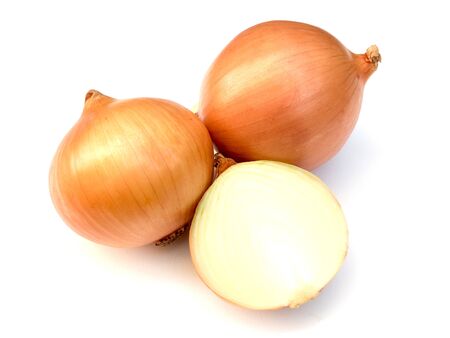 Fresh onion bulbs isolated on white backgroundの写真素材