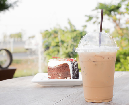 Iced coffee with blueberry cheese cakeの写真素材