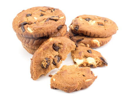 Chocolate chip cookies on white backgroundの写真素材