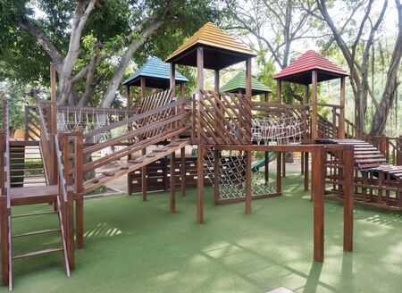 Wooden playground equipment without childrenの写真素材