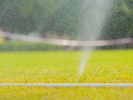 Sprinkler watering the grass of the football fieldの写真素材