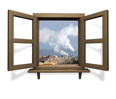 open white window on white wallの写真素材